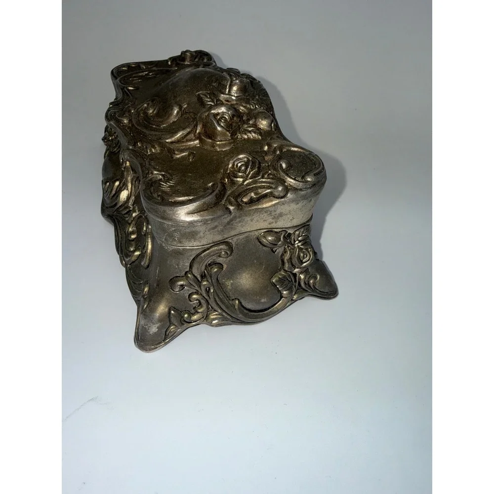 Vintage Art Nouveau Silver Tone Rose Floral Metal Trinket Jewelry Box Red Velvet